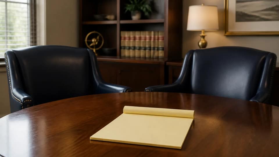 A law office consultation table with two empty chairs and a blank legal pad