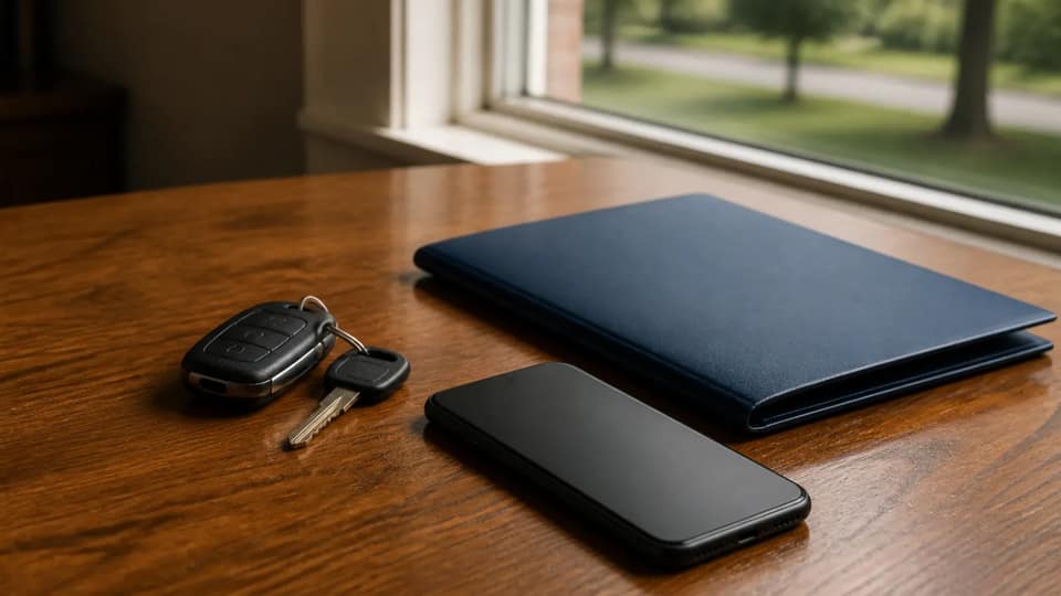 Car keys, a smartphone, and a closed folder on a wooden table by a window