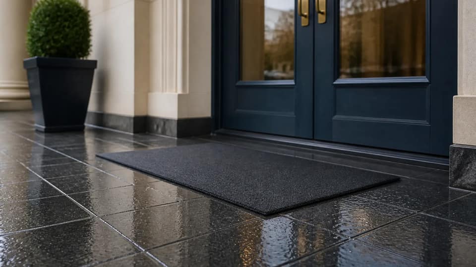 A rain-wet tiled building entryway with a doormat