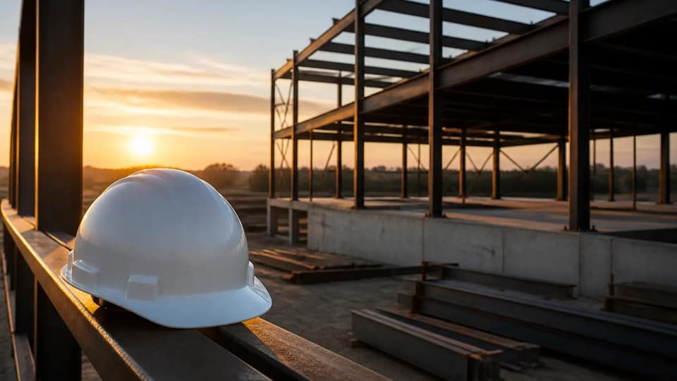 A construction site at dawn with steel beams and a hard hat resting on a rail