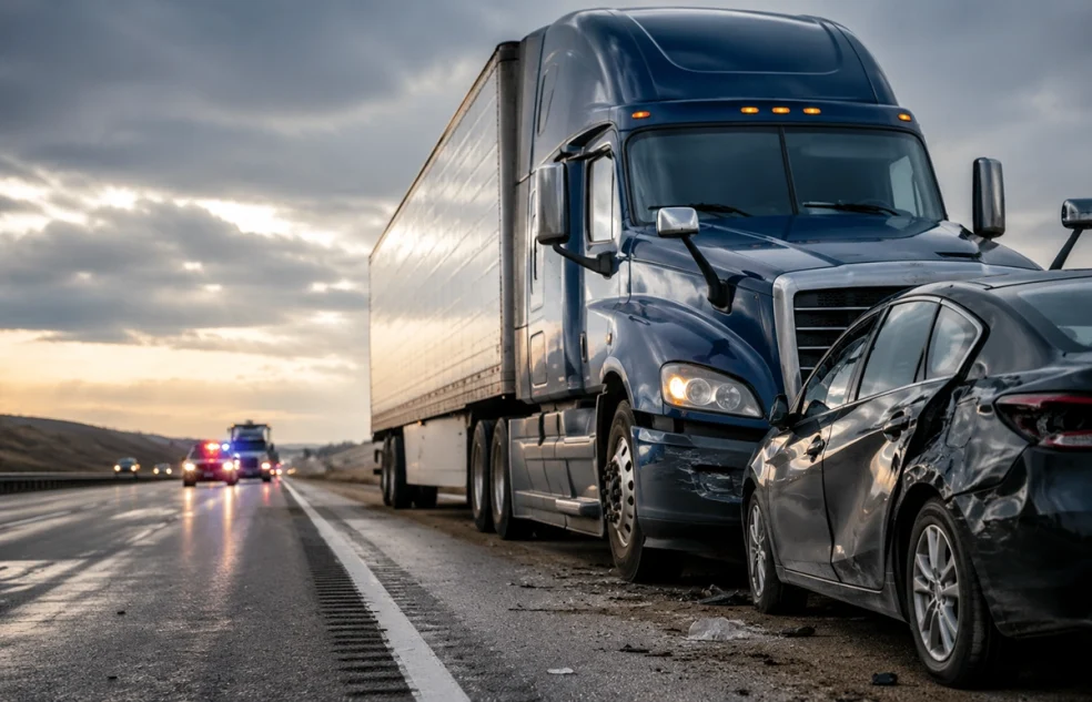 Semi truck accident scene with damaged car on a highway in the Sioux City area