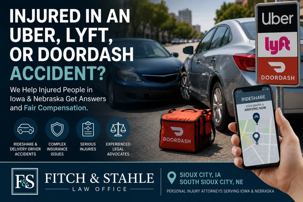 Uber, Lyft and DoorDash accident lawyer in Iowa and Nebraska helping injured rideshare and delivery crash victims